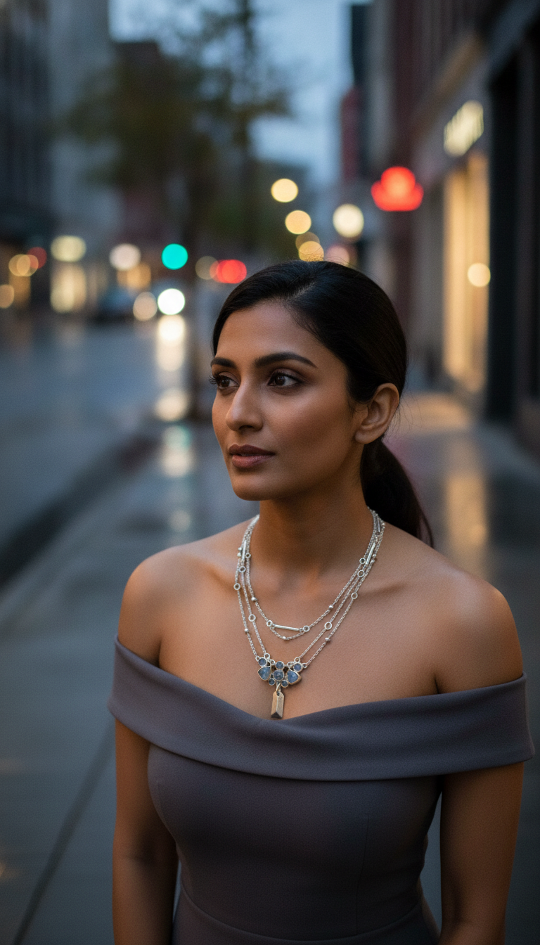 AI-generated on-model necklace campaign image