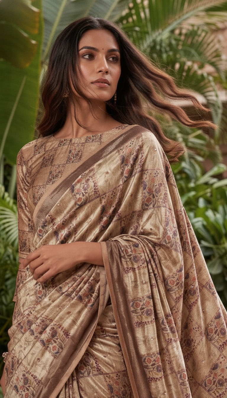 AI-generated close-up portrait of a model wearing the saree